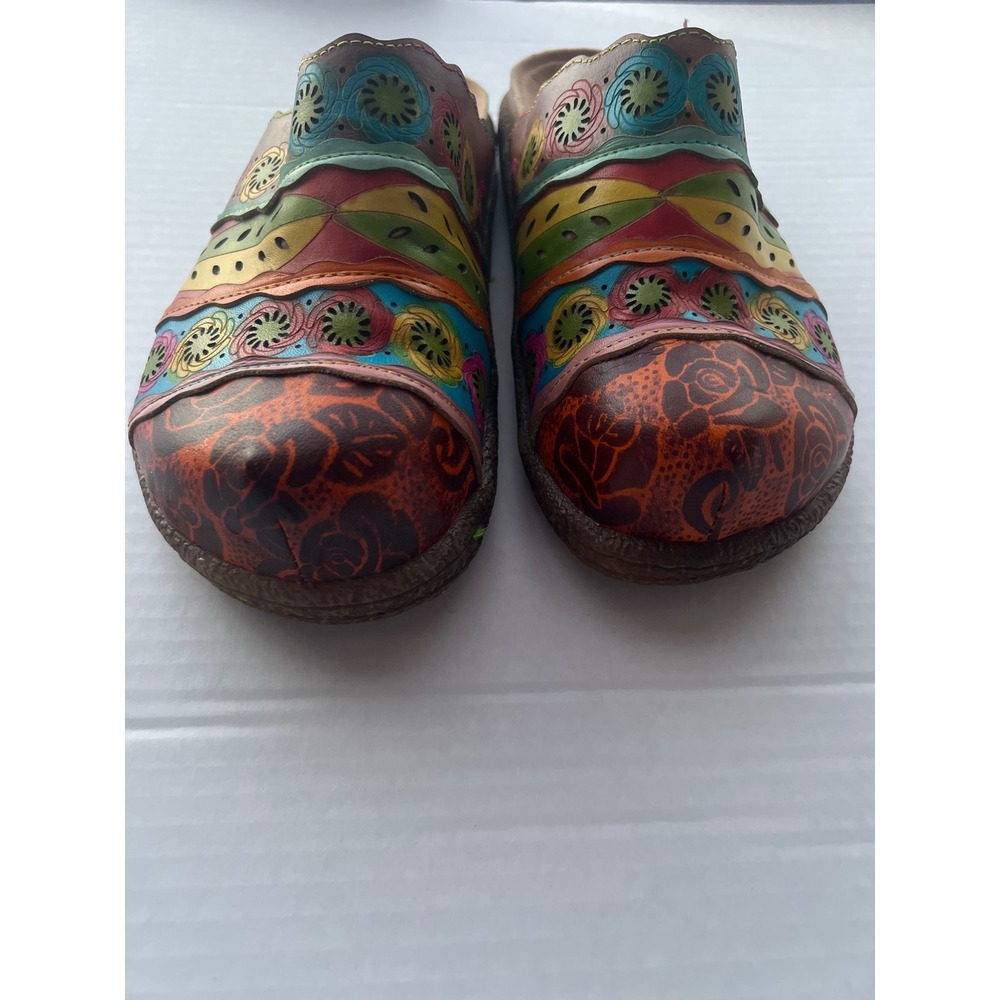 Socofy Womens Leather Mules Bohemian Floral Slip On Clogs Multi Color Size 37‎ - Picture 2 of 8